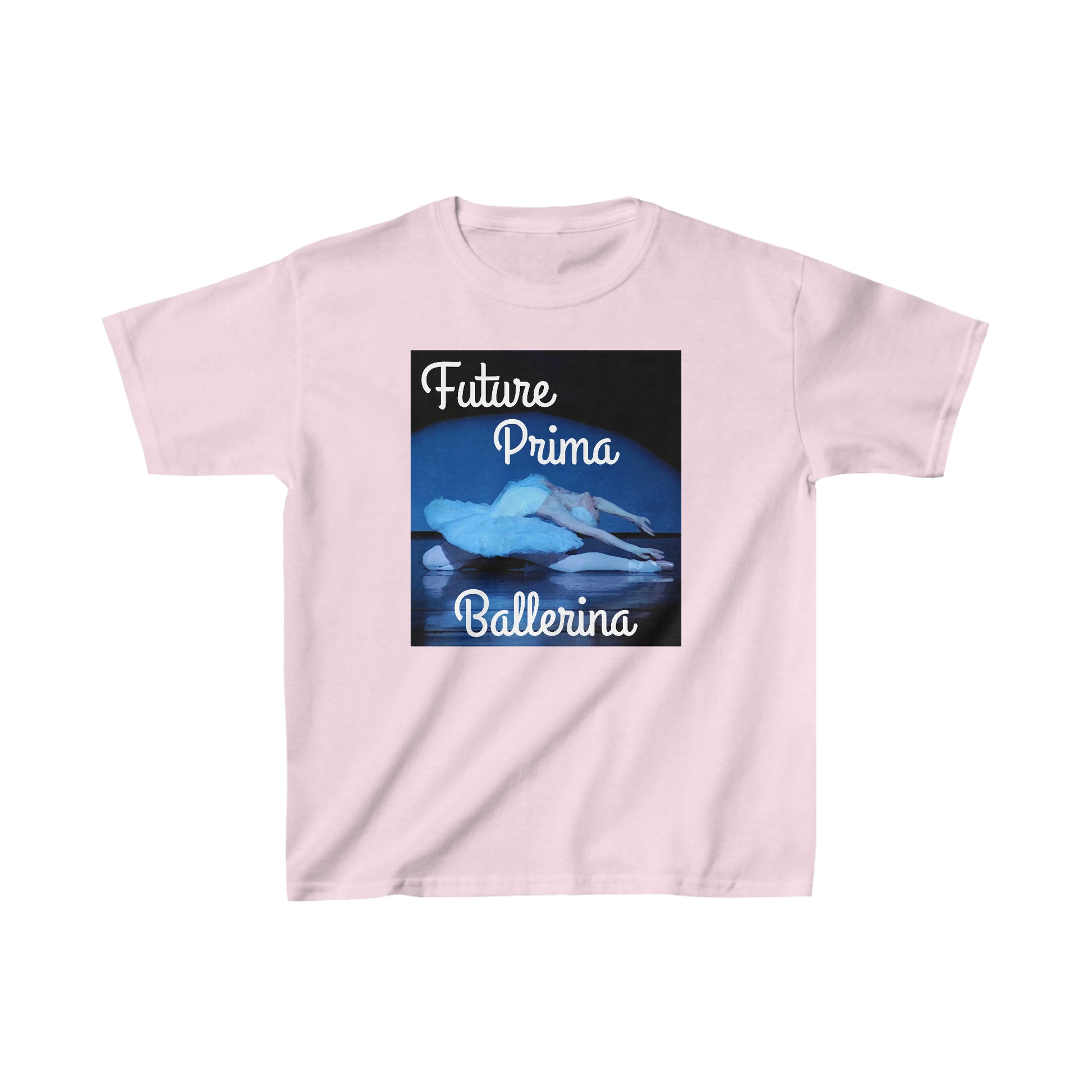 front view of a pink t-shirt with a Prima Ballerina pictured performing the dying swan in a white tutu bathed in blue light