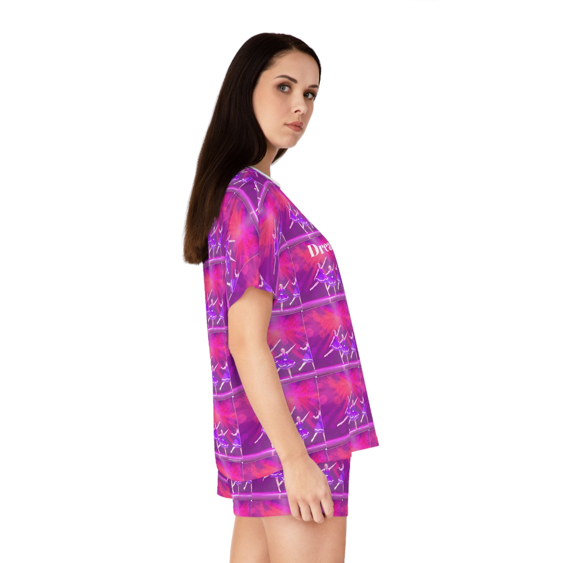 side view of model wearing pink and purple ballerina print shortie pajamas