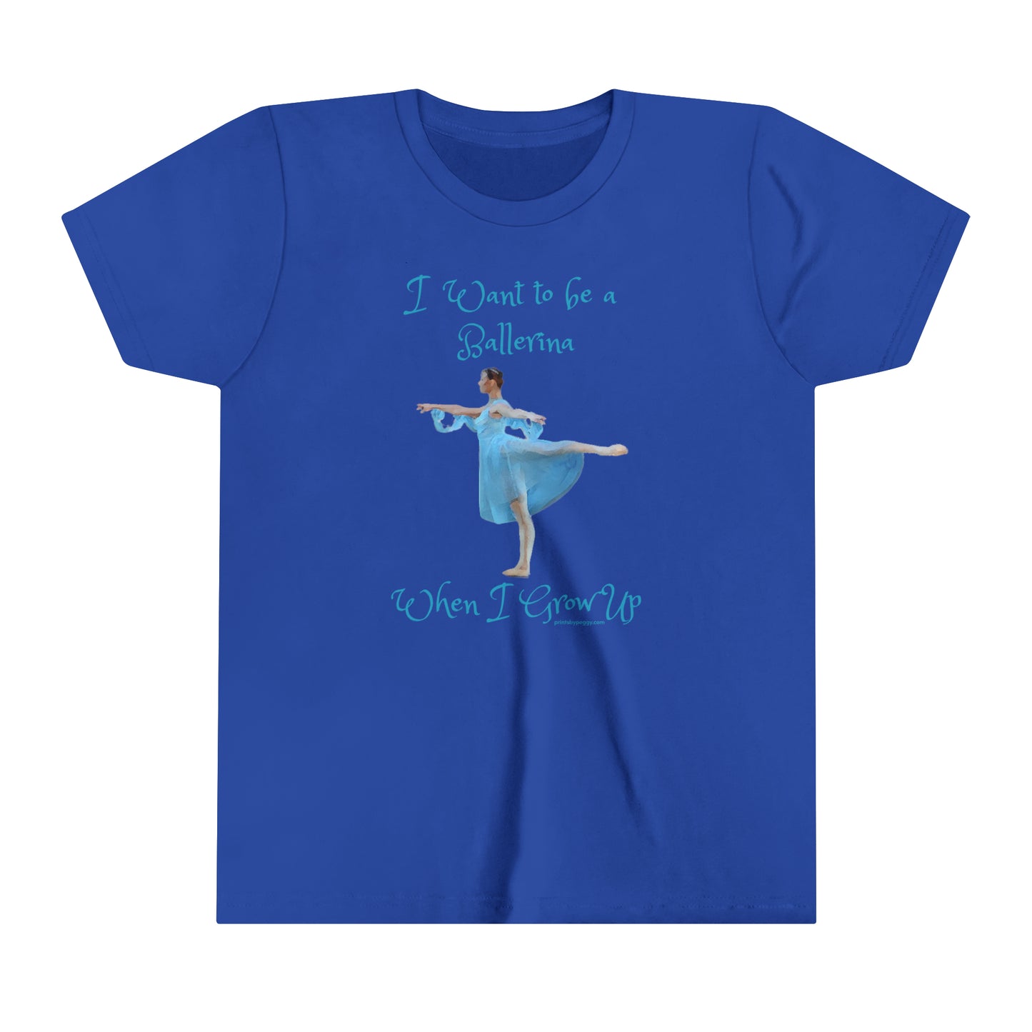 Front view of a dark blue t-shirt with a ballerina wearing light blue pictured and I want to be a ballerina when I grow up written in teal blue