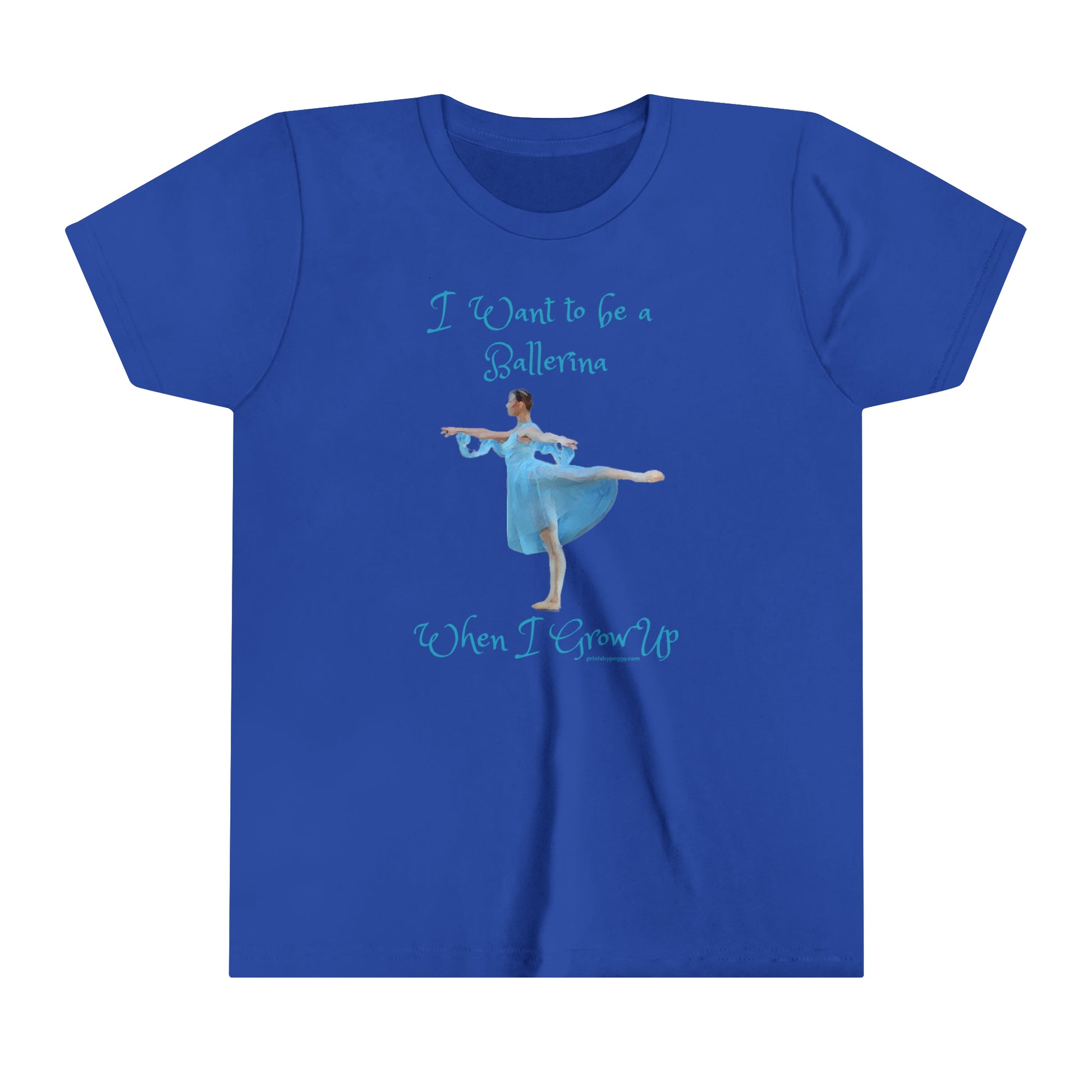 Front view of a dark blue t-shirt with a ballerina wearing light blue pictured and I want to be a ballerina when I grow up written in teal blue