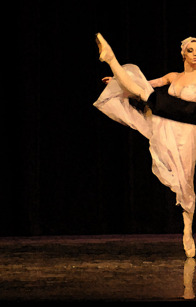 A closeup detain of the artwork of A kick line comprised of male and female dancers. Females are in white and the males are in tuxedos with top hats