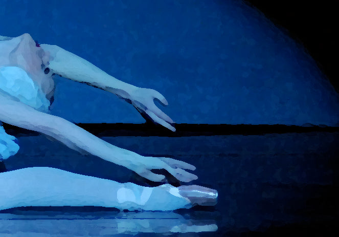 detail closeup head, hands and feet of ballerina painting performing The Dying Swanwan