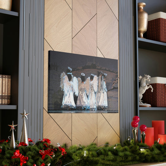 Canvas print of a watercolor style painting hanging on a wall of children in angel costumes with a winter scene backdrop