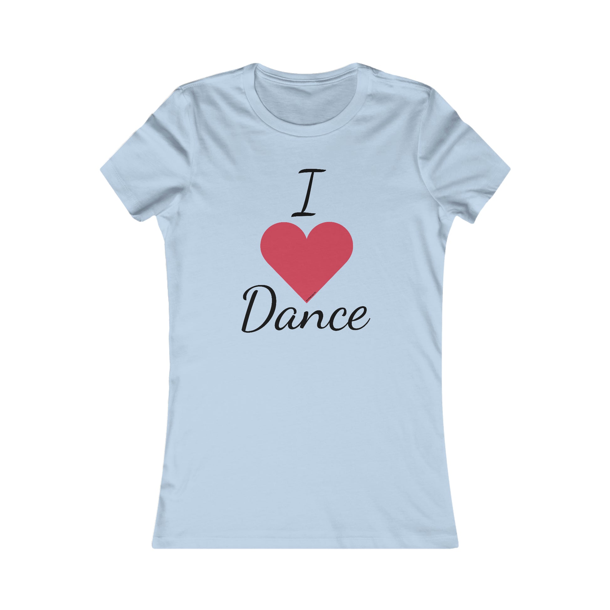 front view of baby blue tee shirt with "I heart Dance"