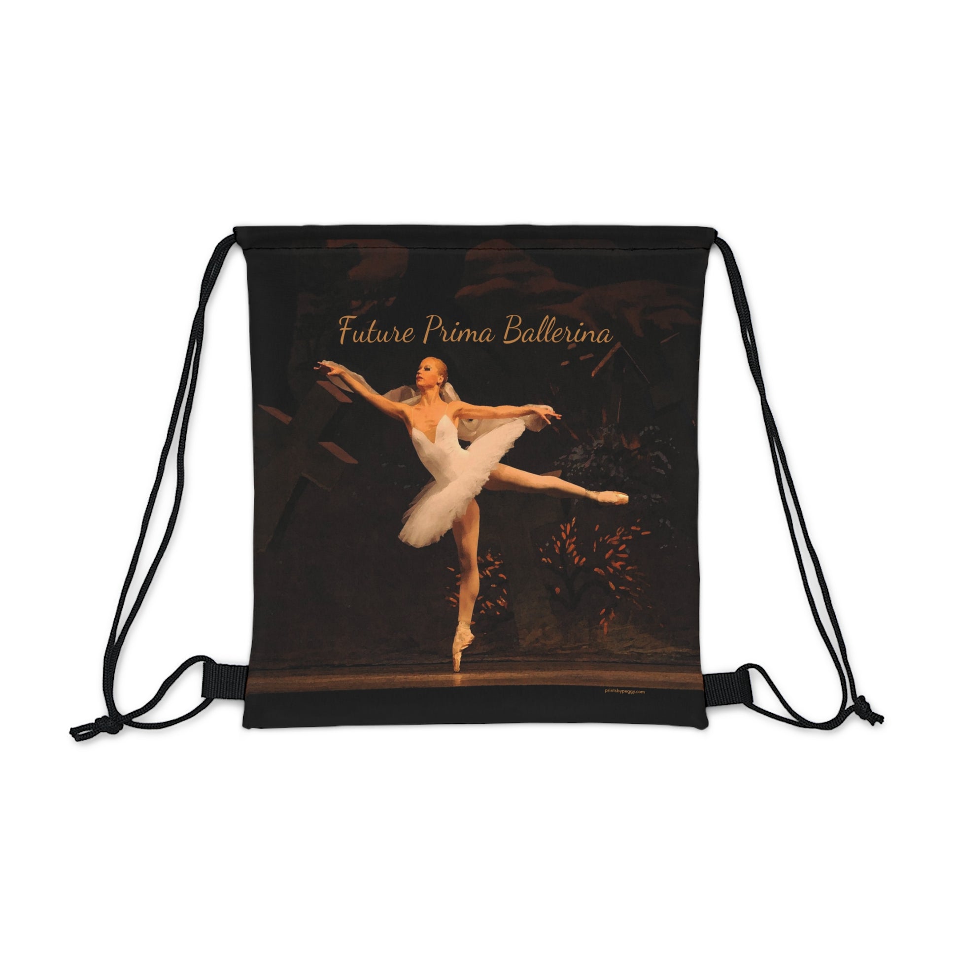 black drawstring bag with the text Future Prima Ballerina in cursive with a ballet dancer en pointe in a full arabesque with a white tutu.