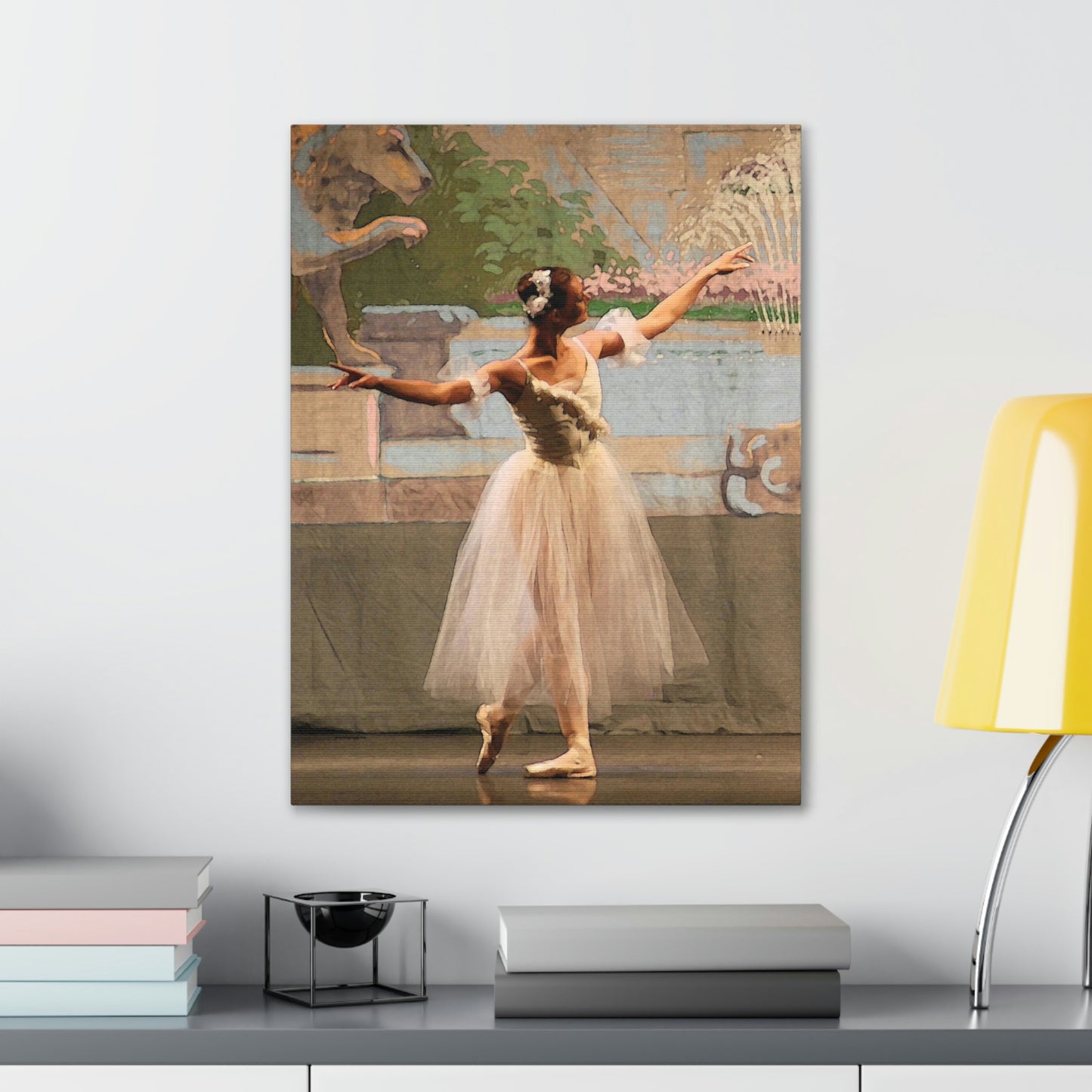 painting of a single ballet dancer in white with muted pastel background