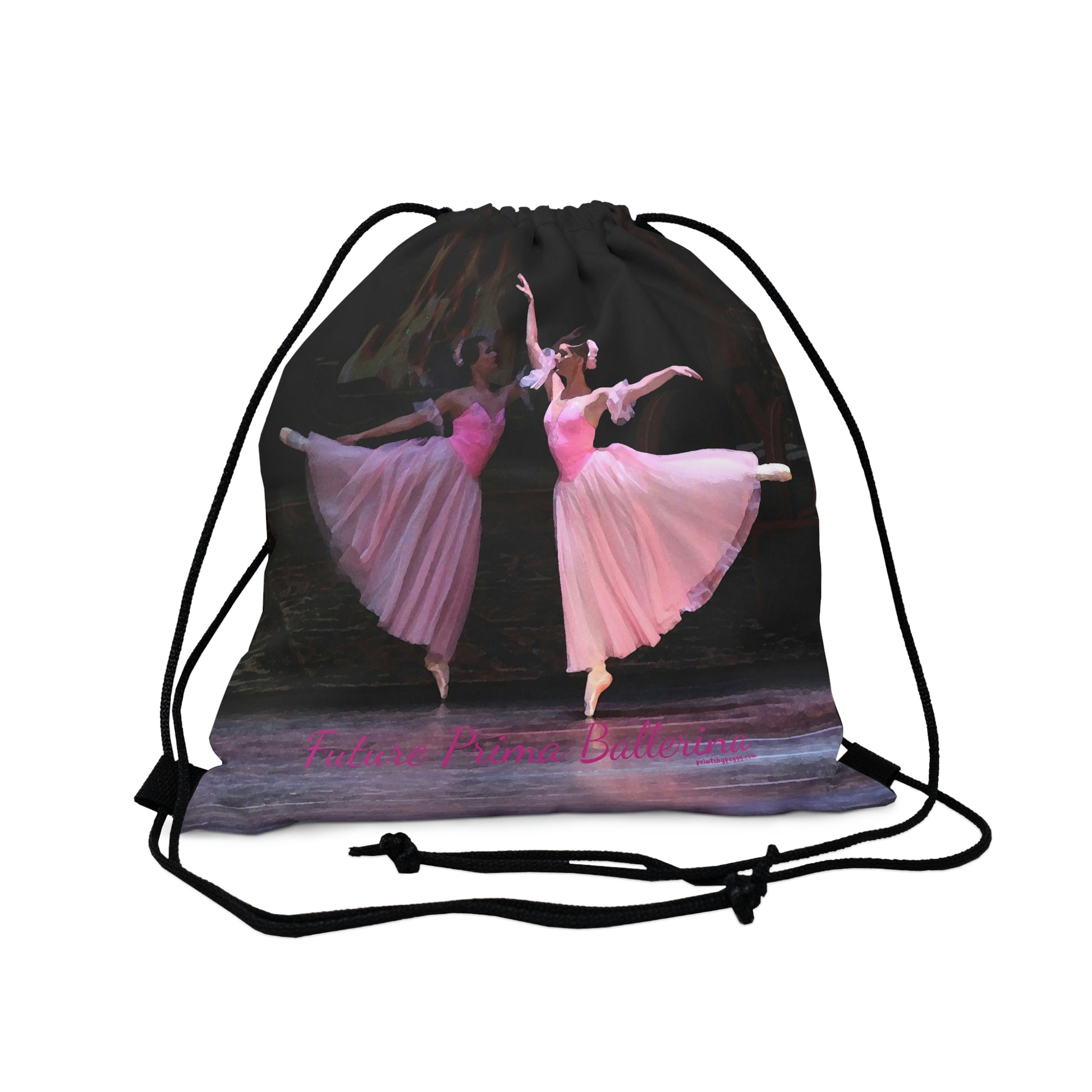 black drawstring bag with two ballet dancers in arabesque dressed in pink