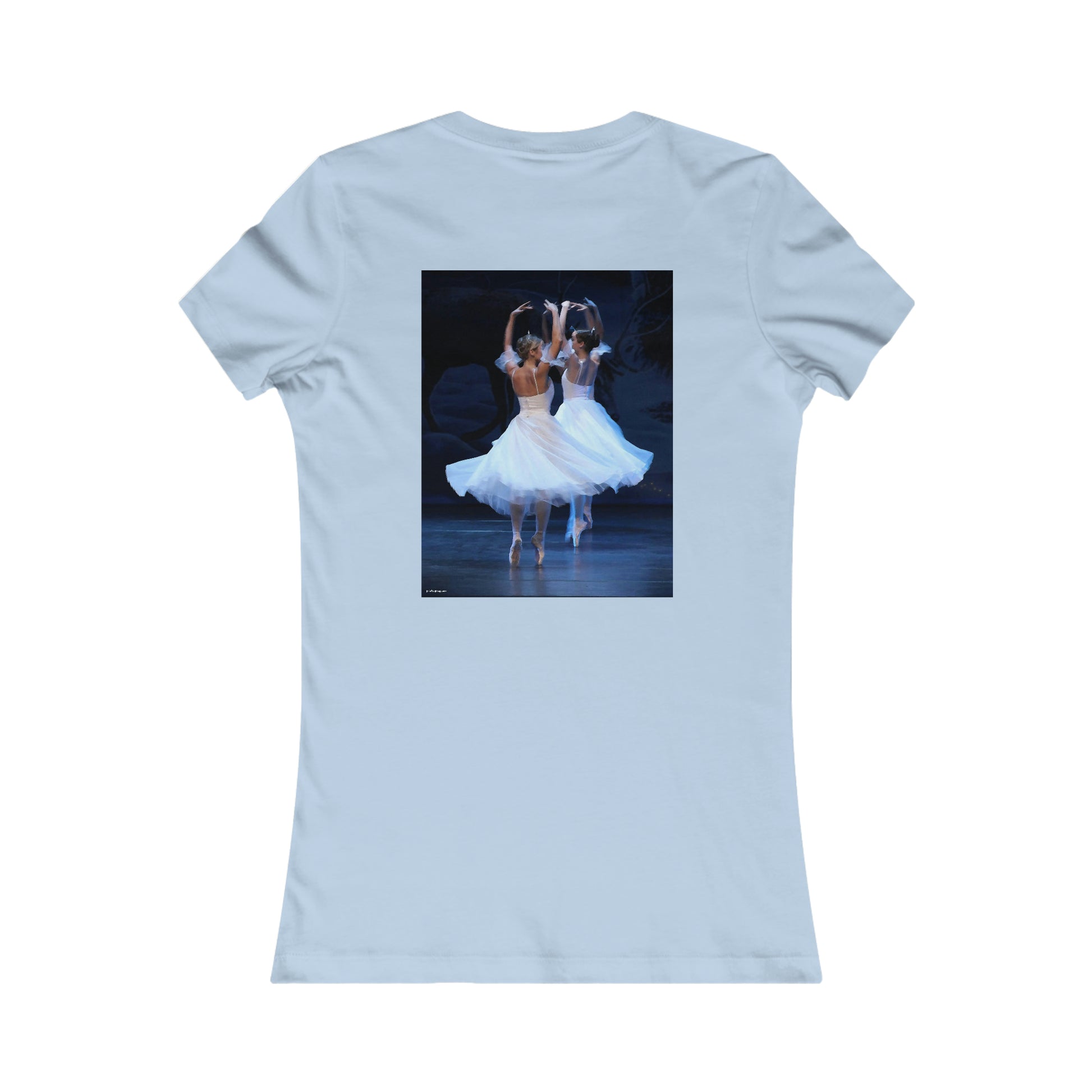 back side of baby blue tee shirt with artwork of two ballerinas spinning