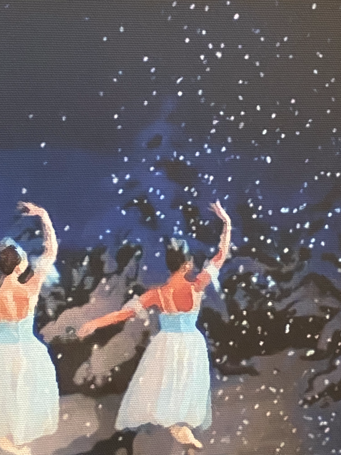 detail section of a painting of ballerinas in blue and white dancing on stage with snowflakes falling around her