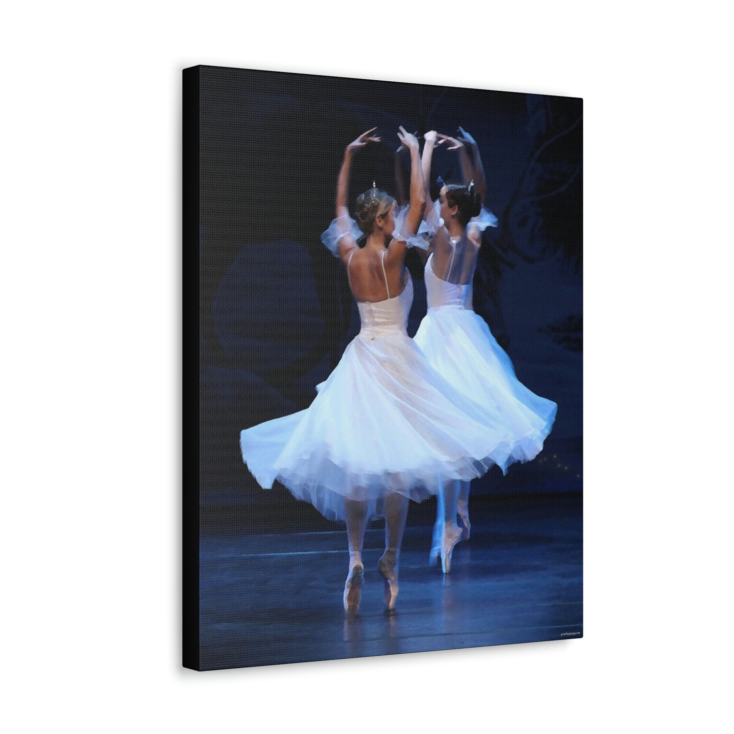 painting of two ballerinas wearing tiaras and white dresses on point