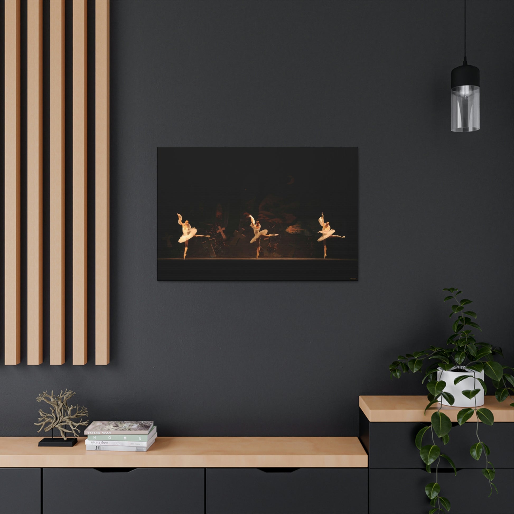 a painting on a wall of ballet dancers in white tutus on a dark background with crosses on it