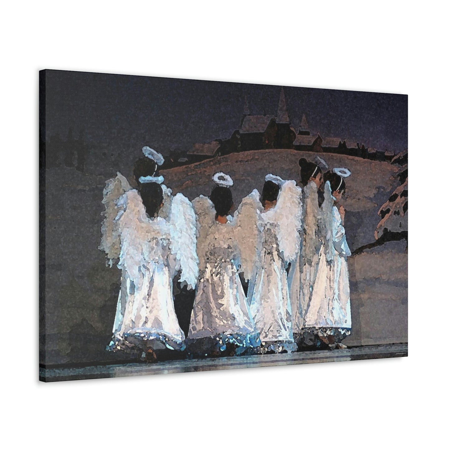 Canvas print painting hanging on a wall of children in angel costumes with a winter scene backdrop