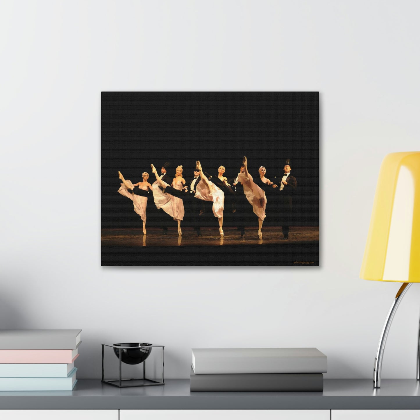 Artwork of kick line comprised of male and female dancers. Females are in white and the males are in tuxedos with top hats