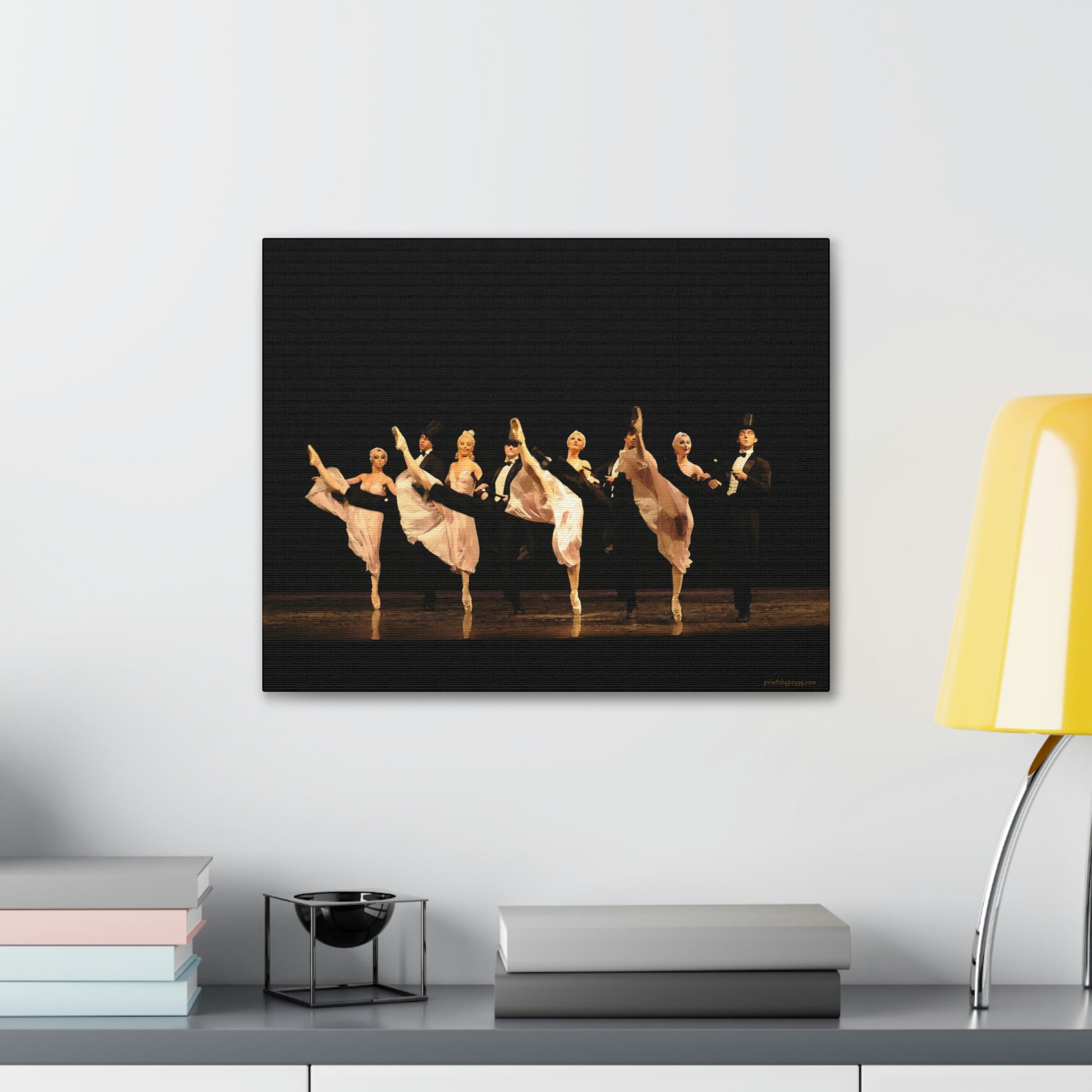 Artwork of kick line comprised of male and female dancers. Females are in white and the males are in tuxedos with top hats