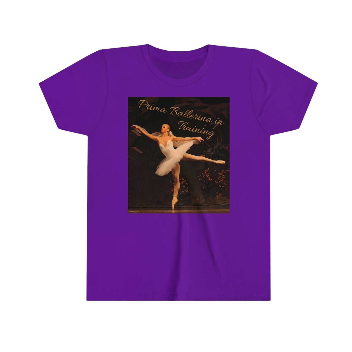 front view of purple tee shirt with a ballerina pictured and text saying 'Prima Ballerina in Training'