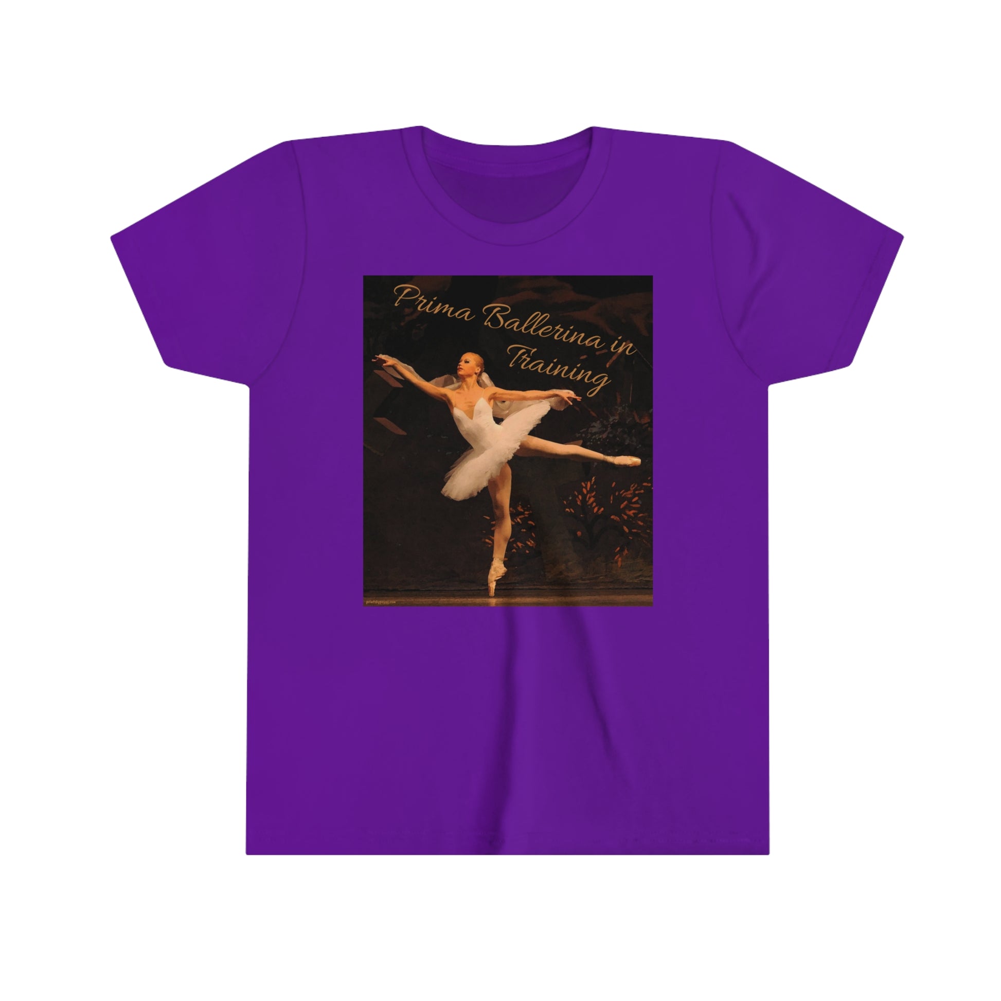 front view of purple tee shirt with a ballerina pictured and text saying 'Prima Ballerina in Training'