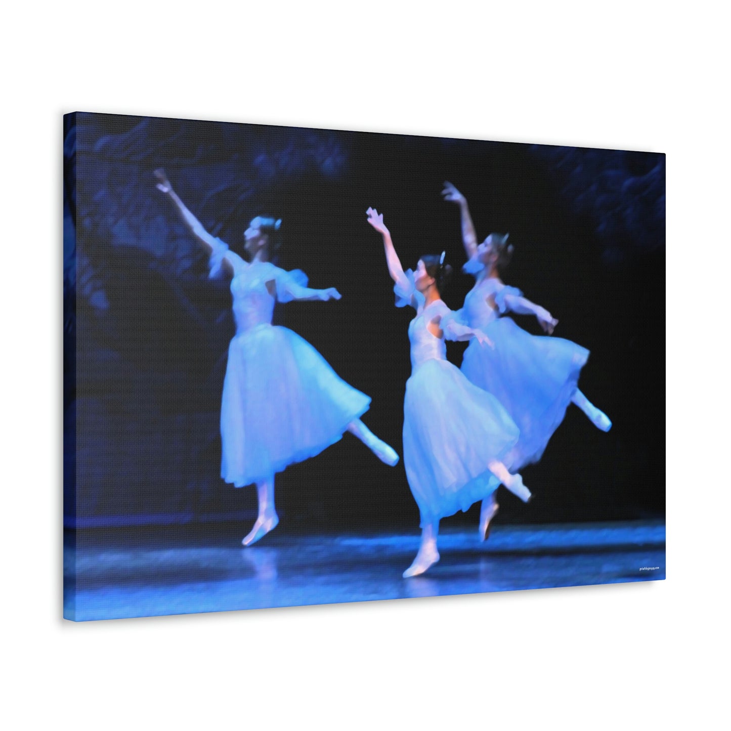 a photo of a painting in a home setting of three ballerinas performing on a stage dressed in white casting hues of blue