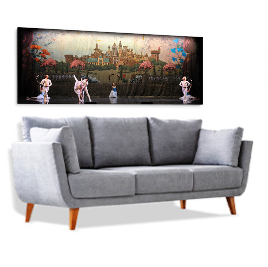 Artwork of ballet scene on stage with a castle background shown in a livingroom setting of seven performers