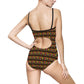 one piece swimsuit with AOP of modern dancers in primary colors with cut out back and black straps.