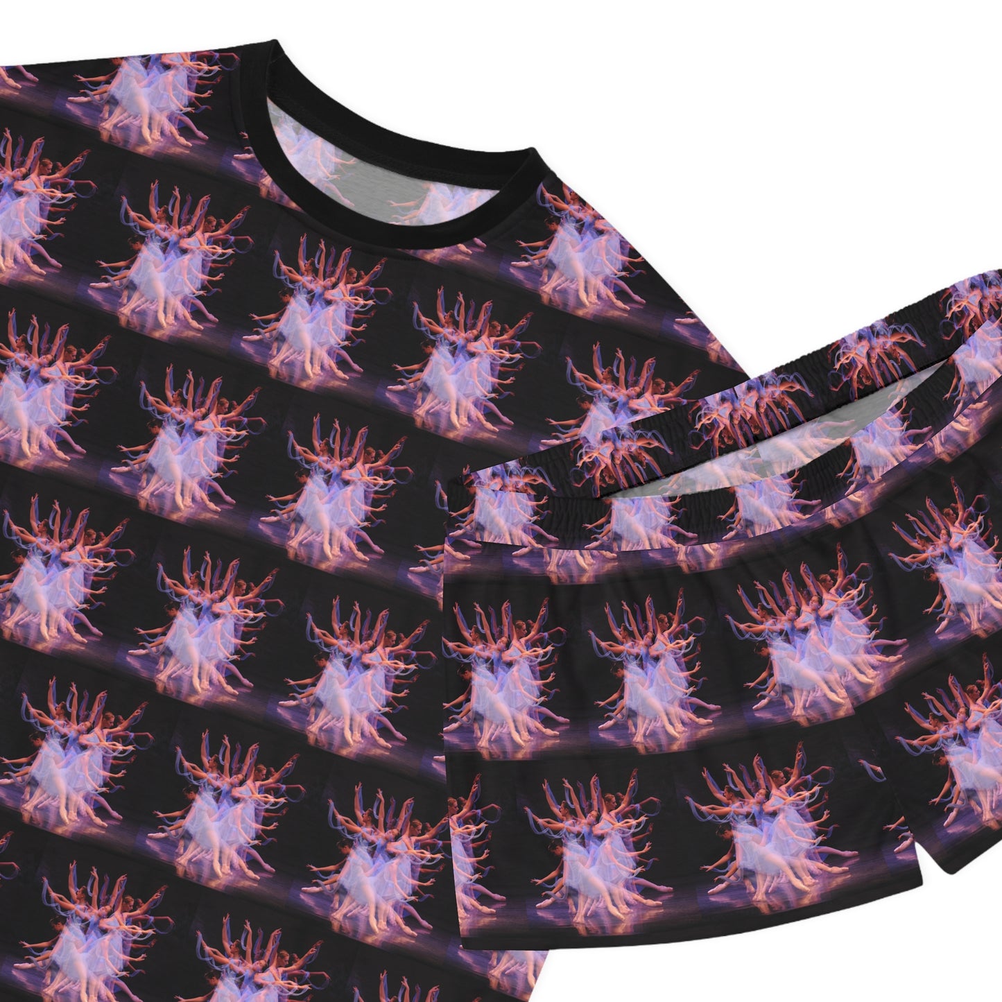 Close up view of Shortie pajamas laid flat with black ribbed neck. Print is ballerinas in blue on a black background.