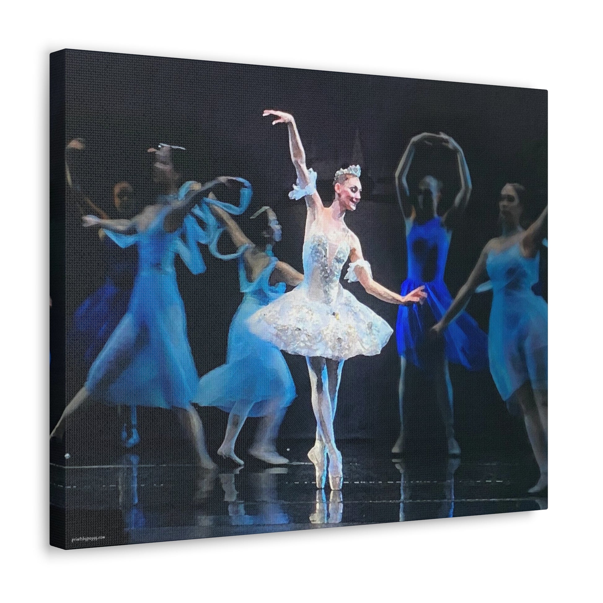 Canvas Gallery Wrap hanging on a white wall of Prima Ballerina and Dancers in blue