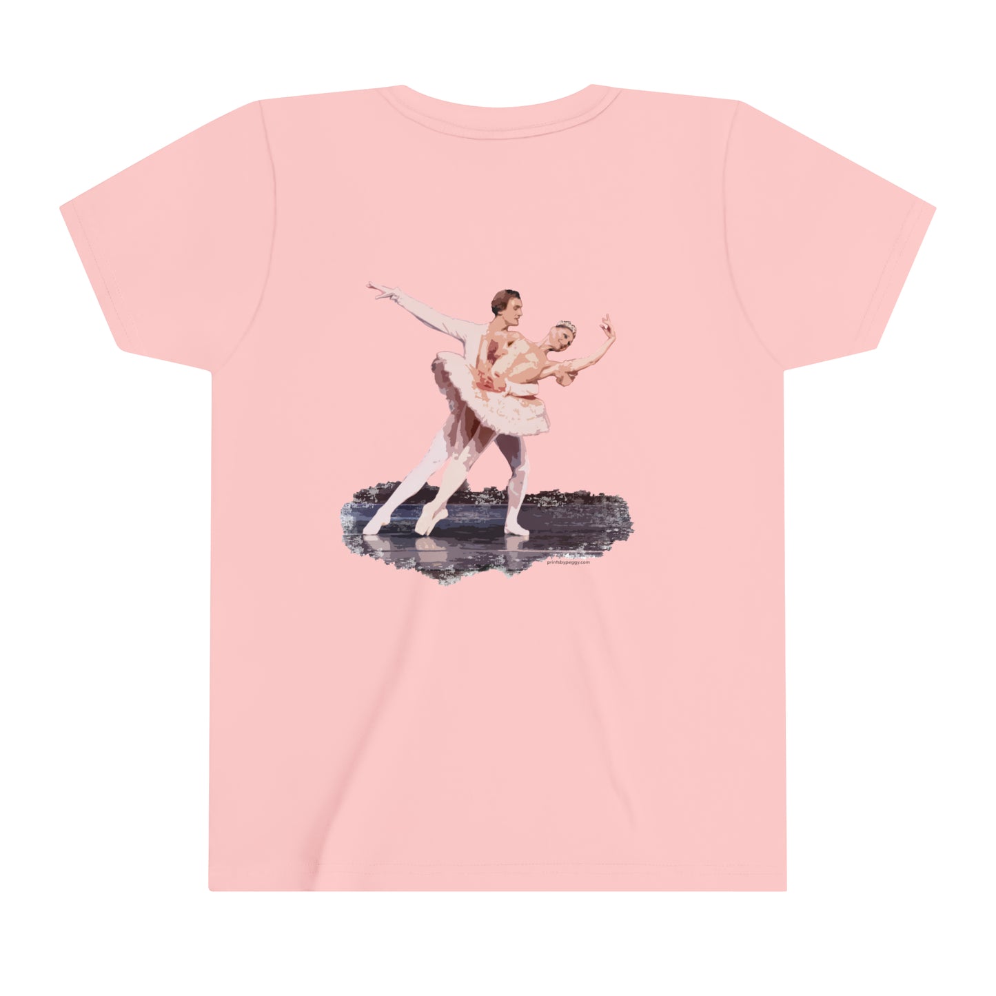 Back of Pink t-shirt with a ballerina and her partner in a dramatic pose