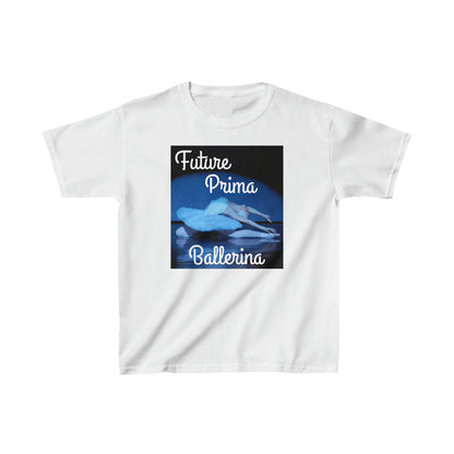 front view of a white tee shirt picturing a ballerina performing the dying swan and text that says Future Prima Ballerina