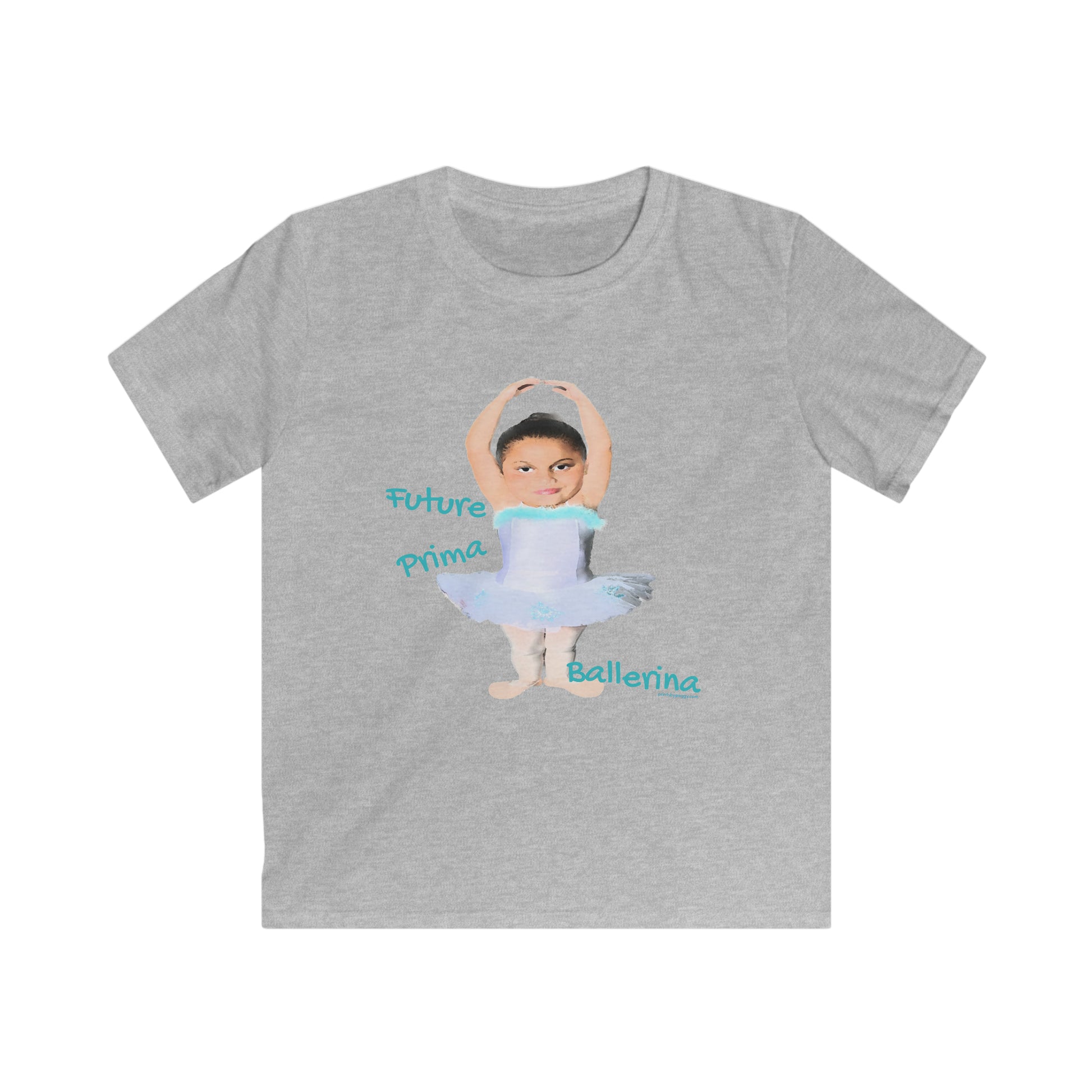 The back view of a gray tee shirt with a charachature of a little ballerina pictured with Future Prima Ballerina written in Blue
