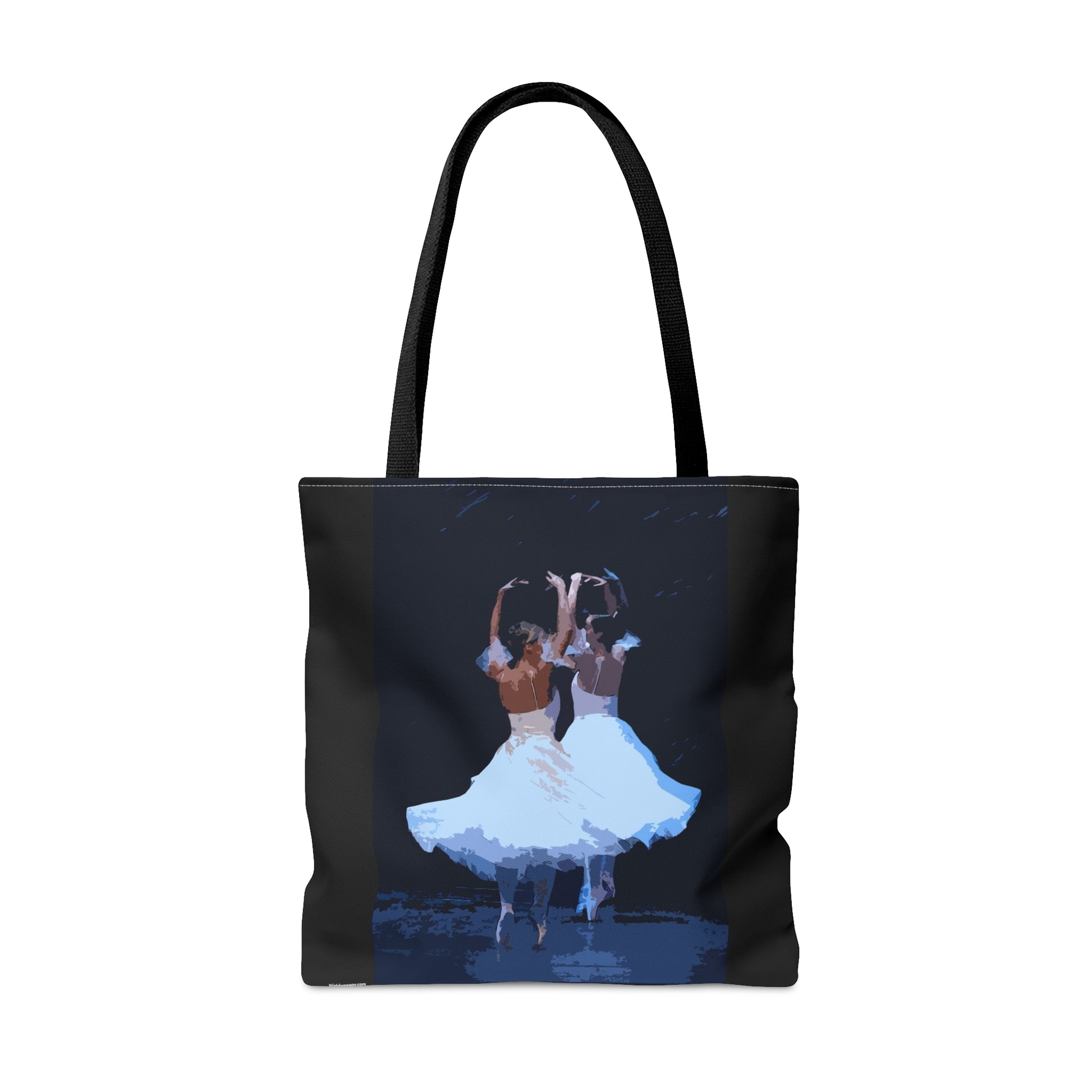 Reverse side of black bag with black strap and ballerinas in white on point spinning with white dresses flairing.