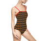 one piece swimsuit with AOP of modern dancers in primary colors with red straps.