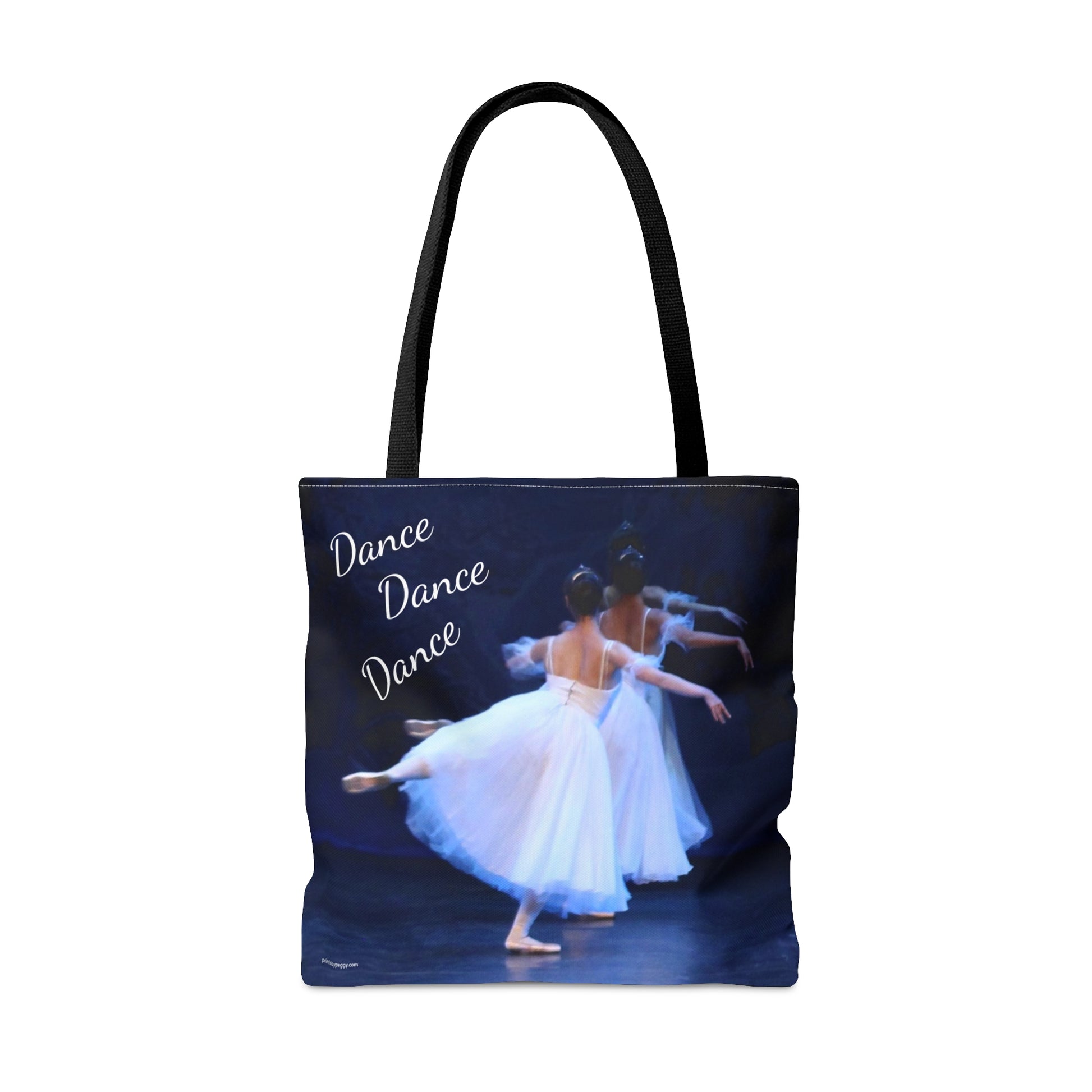 Reverse side of bag has 3 ballerinas dancing into the background in white dresses with Dance Dance Dance written on it.