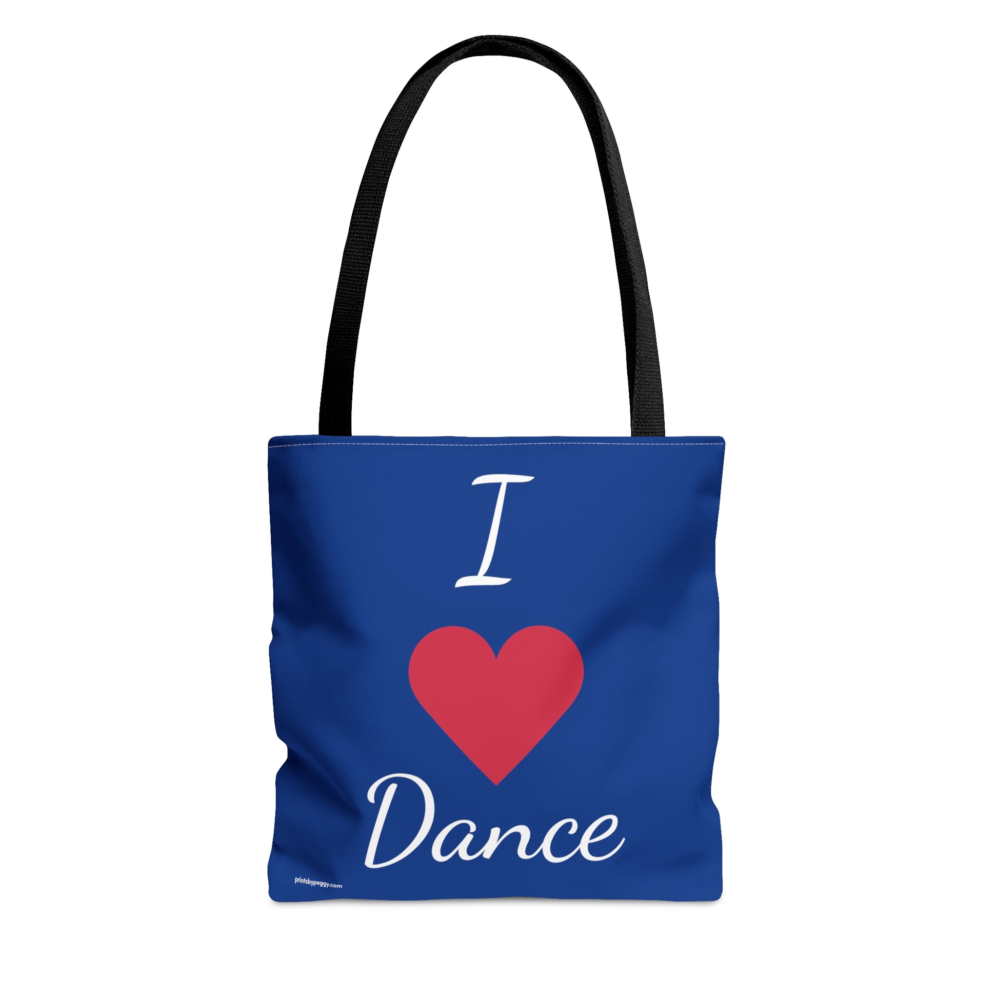 Reverse side of bright blue bag with I heart Dance written in white with a red heart instead of the word.