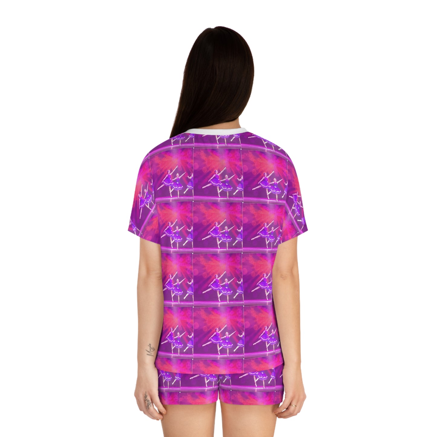 back view of model wearing pink and purple ballerina print short pajama set