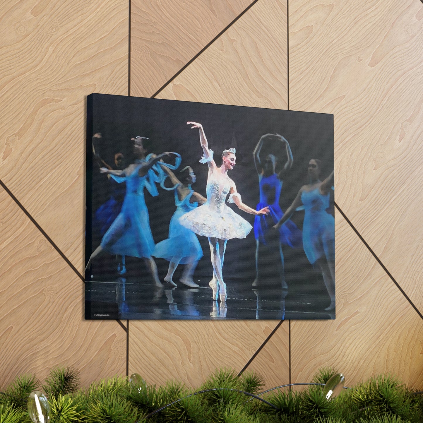 Wooden wall with canvas of prima ballerina in white and dancers in blue