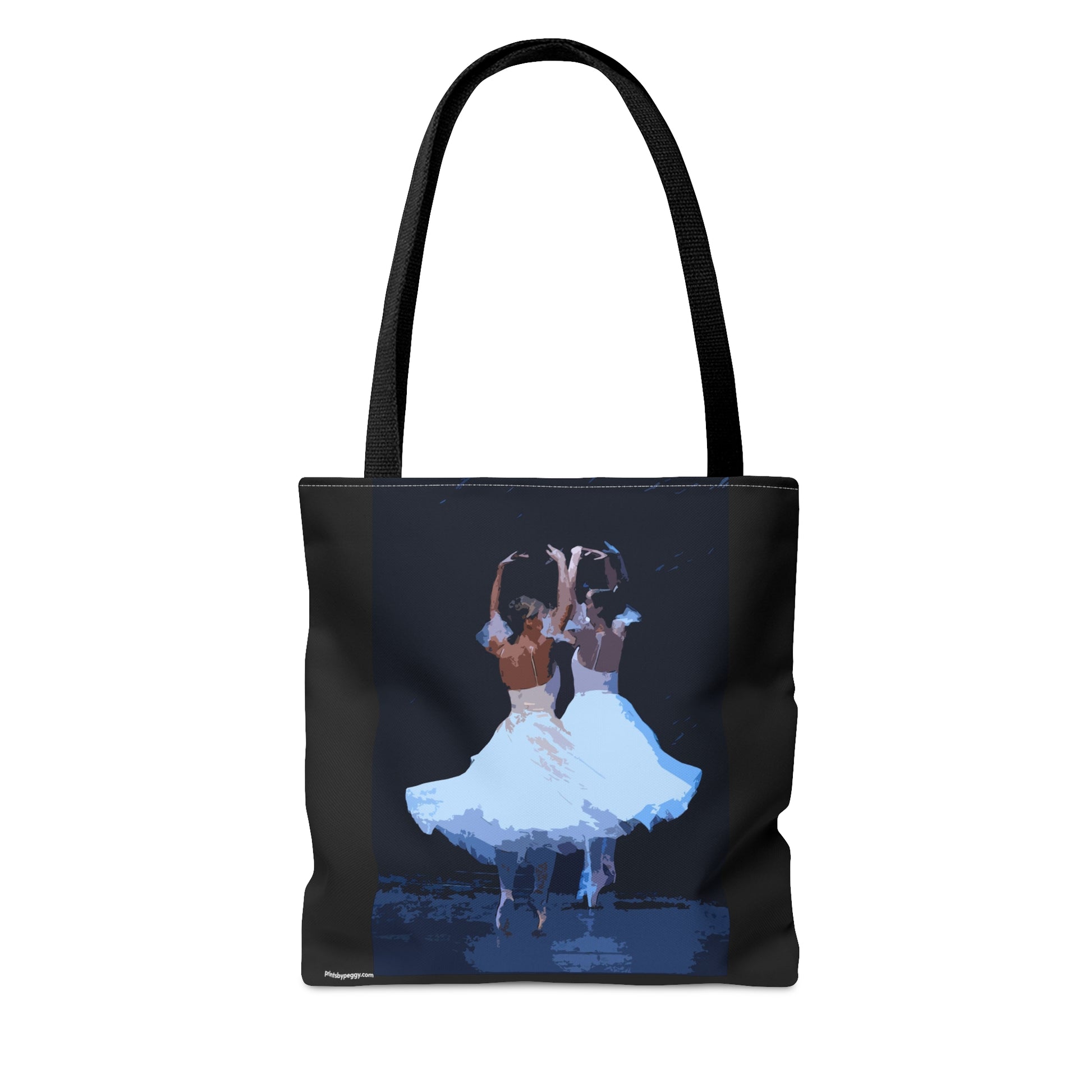 Reverse side of bag shows 2 ballerinas spinning with white dresses flairing on point.