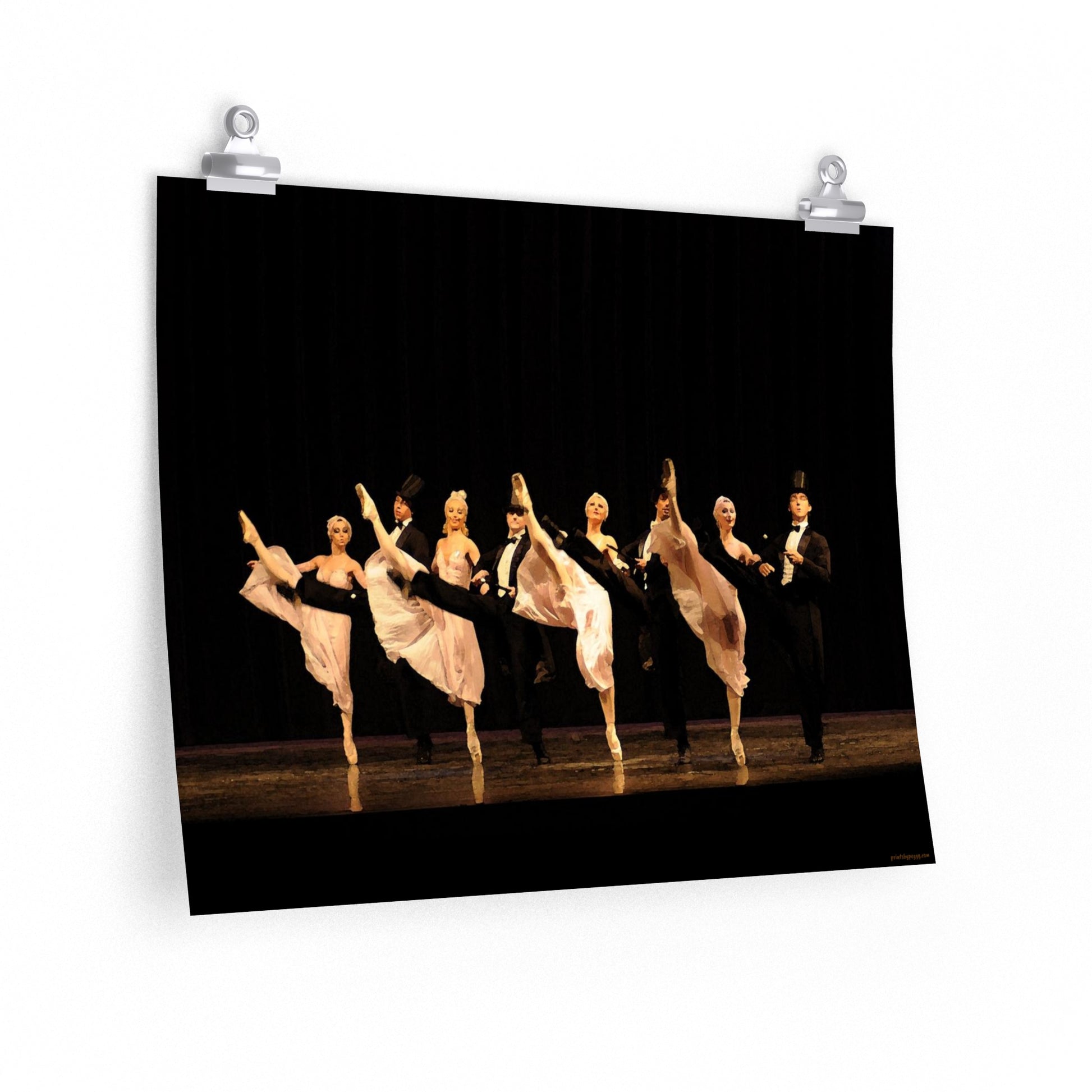 3 female dancers and 3 male dancers in a black and white theme kick line.