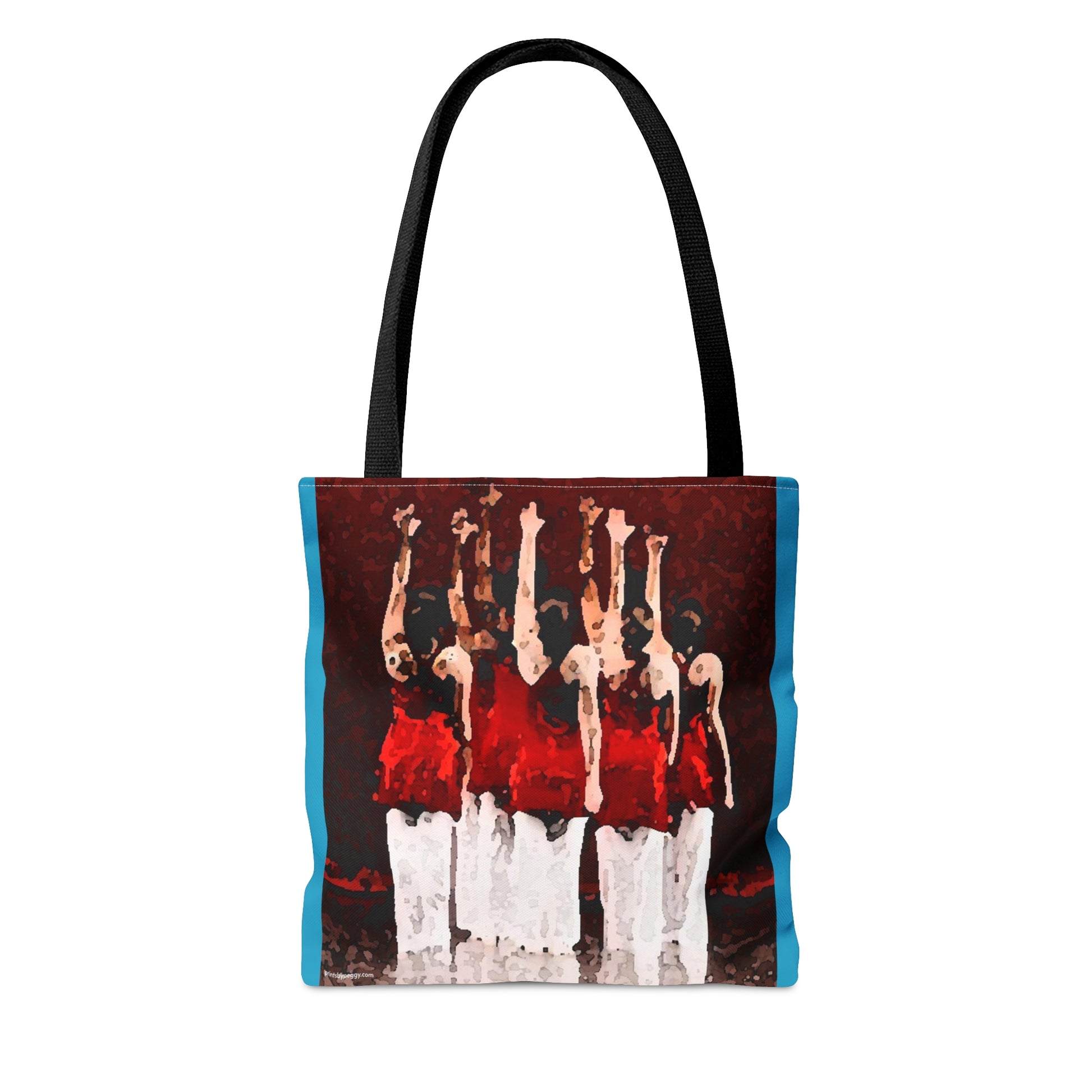 Reverse side of the aqua blue tote bag with 7 modern dancers shown from the rear with one hand of each in the air. Red tops and white pants.