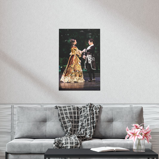 male and female dancers in formal ball attire on a premium matte poster.