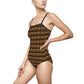 one piece swimsuit with AOP of modern dancers in primary colors with black straps