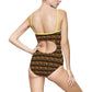 one piece swimsuit with AOP of modern dancers in primary colors with yellow straps with a cut out back.