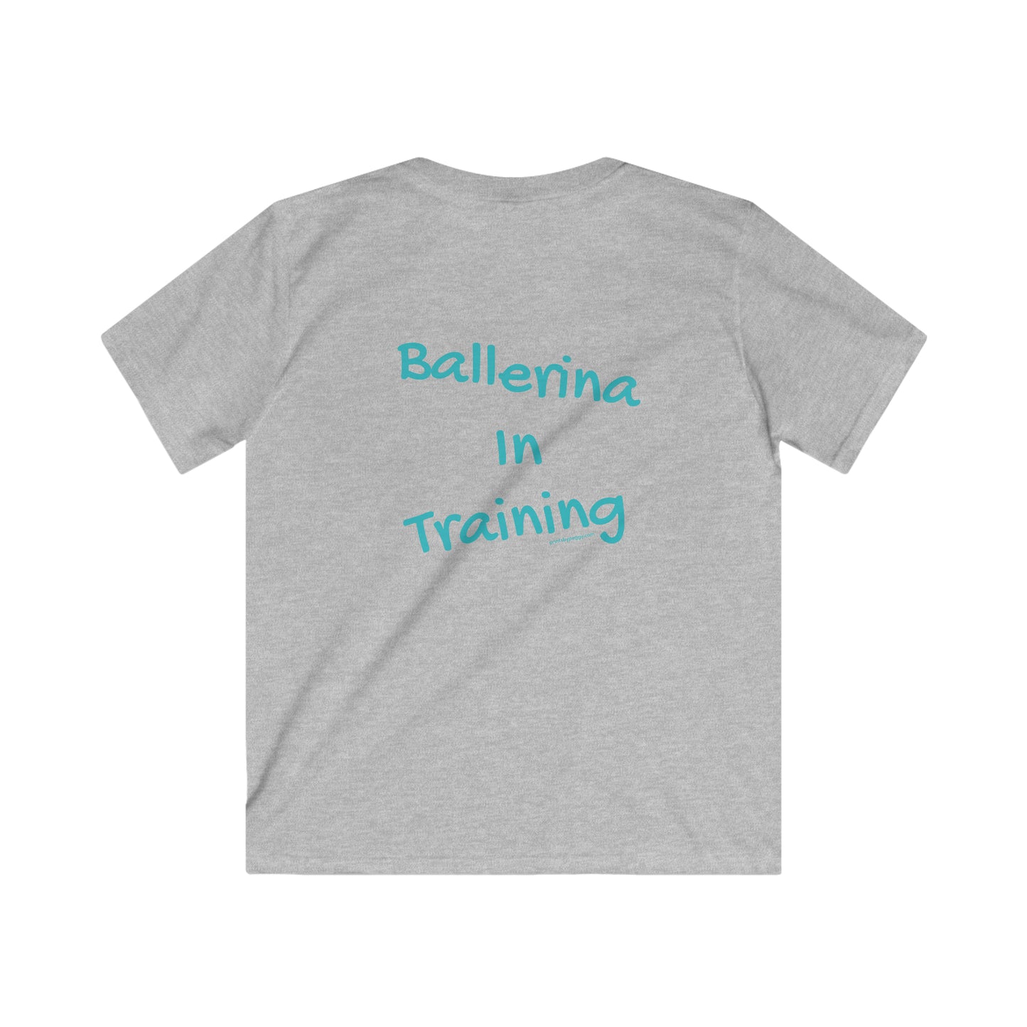 Back view of a gray tee shirt that says Ballerina in Training in blue letters