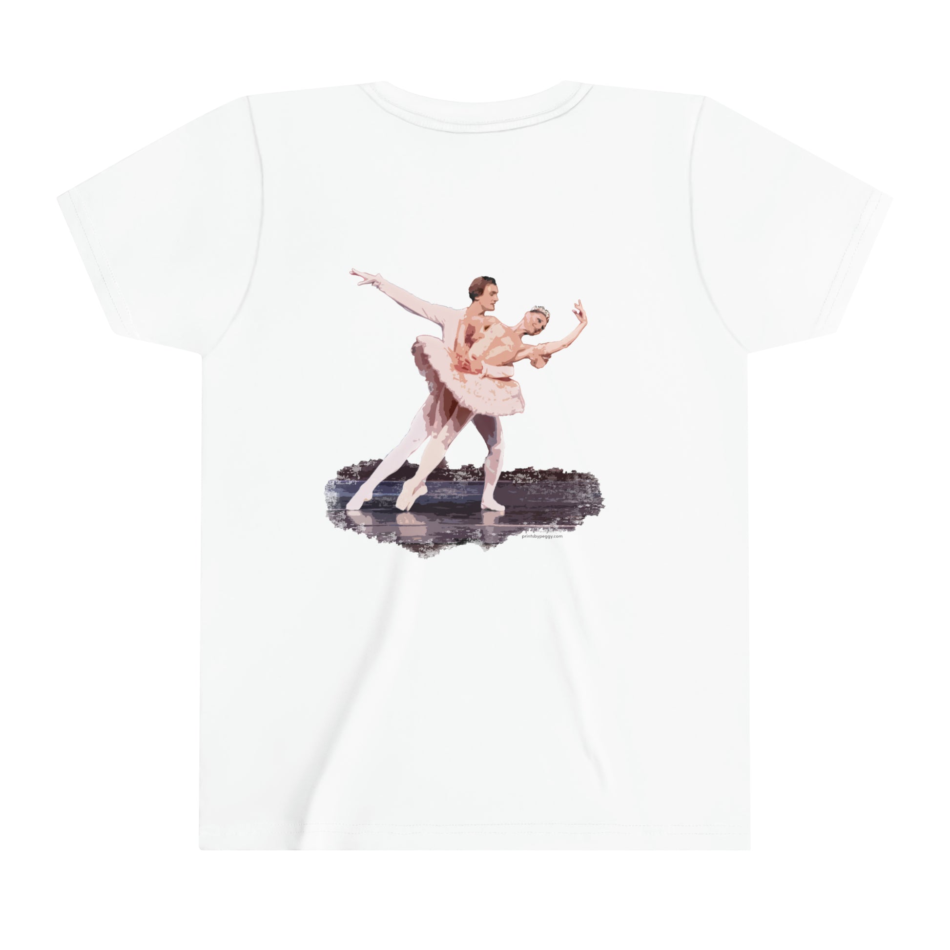 Back view of the white t-shirt with a ballerina and her partner shown in a dramatic pose