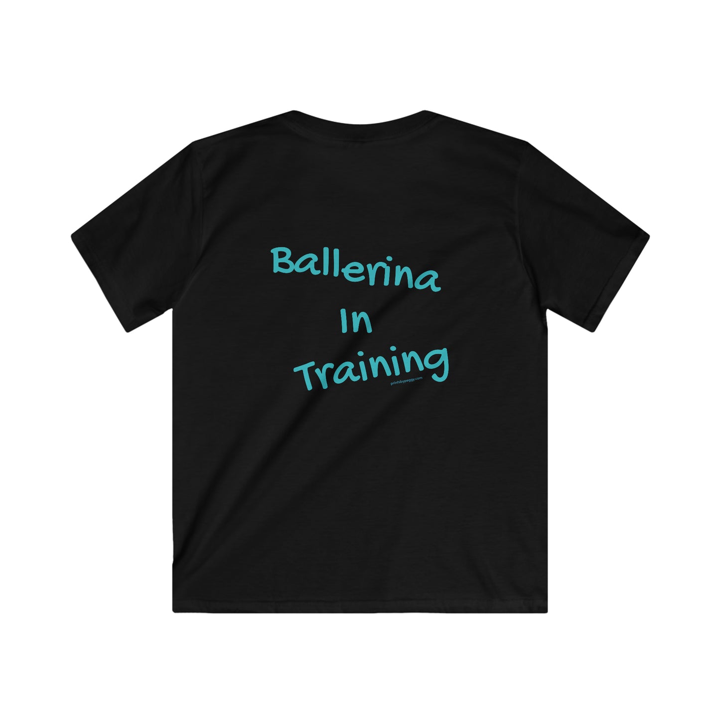 Back view of a black tee shirt that says Ballerina in Training in blue letters