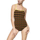 one piece swimsuit with AOP of modern dancers in primary colors with yellow straps.