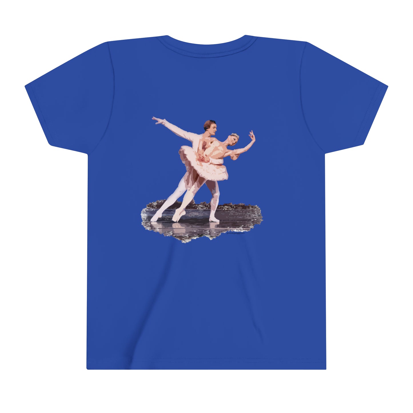 Back view of a dark blue t-shirt with a ballerina and her partner in a dramatic pose