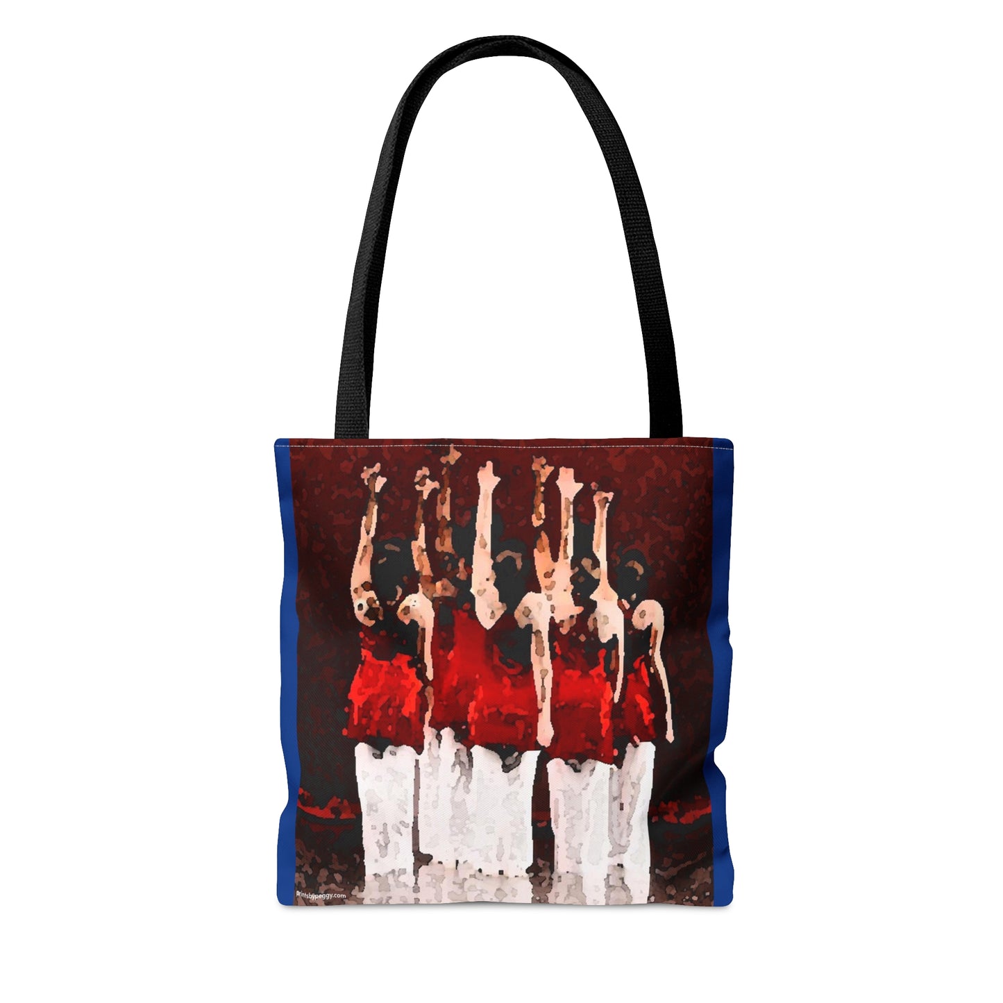 Dance tote bag with modern dancers shown from the back on stage wearing white and red costumes. Image on royal blue bag.