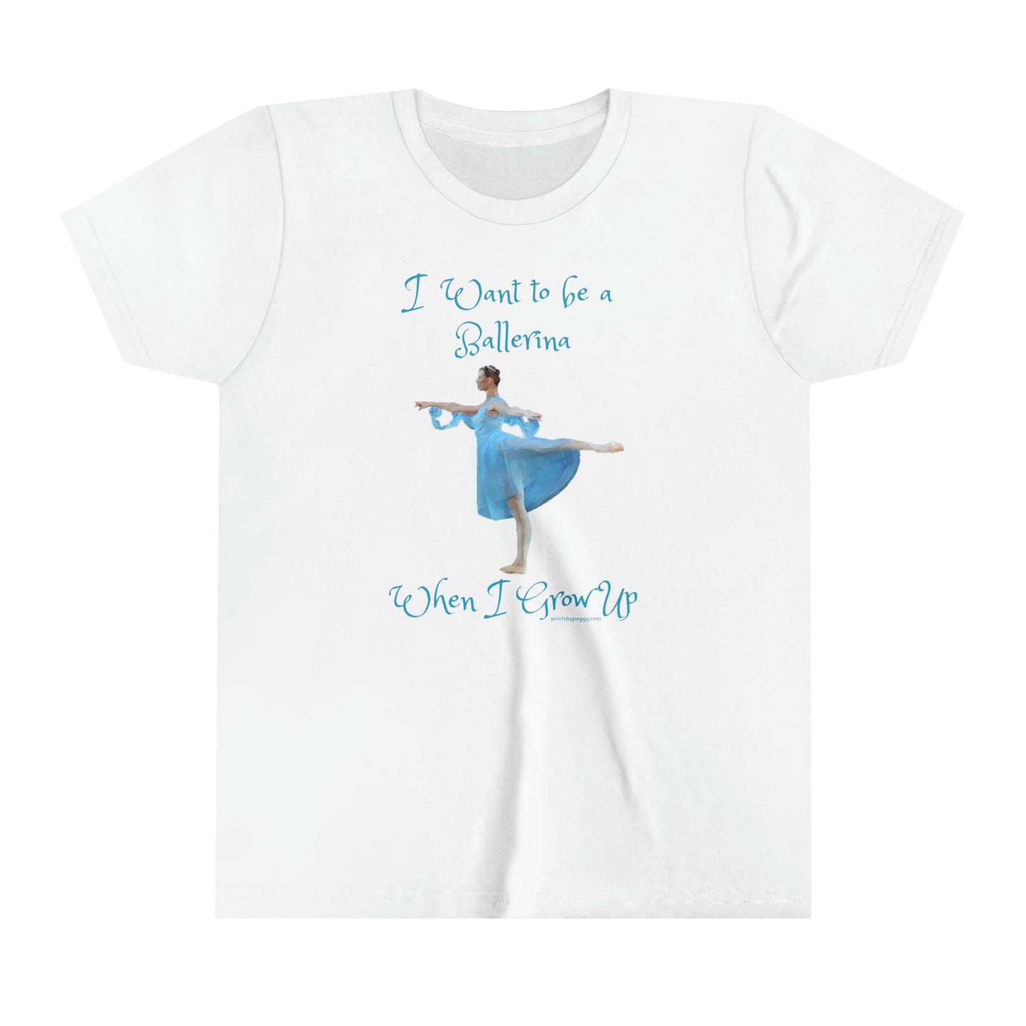 Front view of a white tee shirt with a ballerina wearing light blue pictured and I want to be a ballerina when I grow up written in teal blue