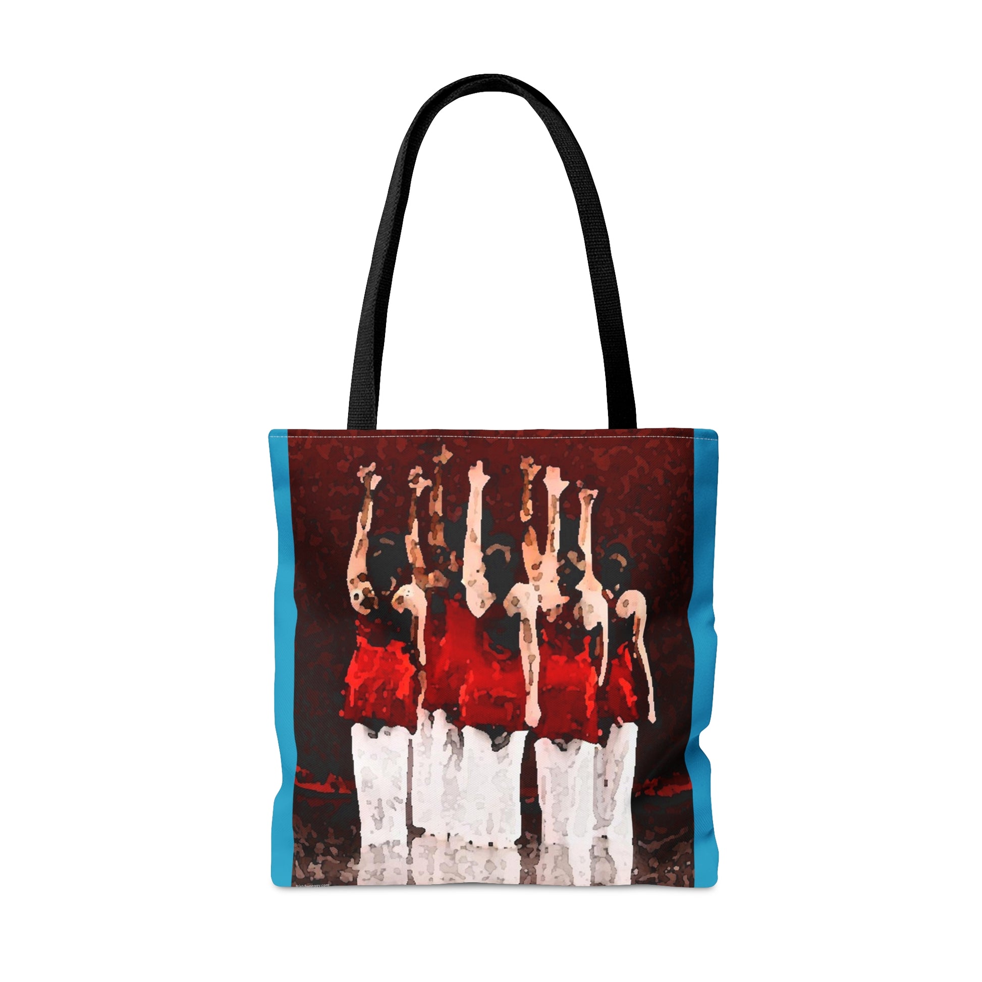 Reverse side of aqua bag with dancers.