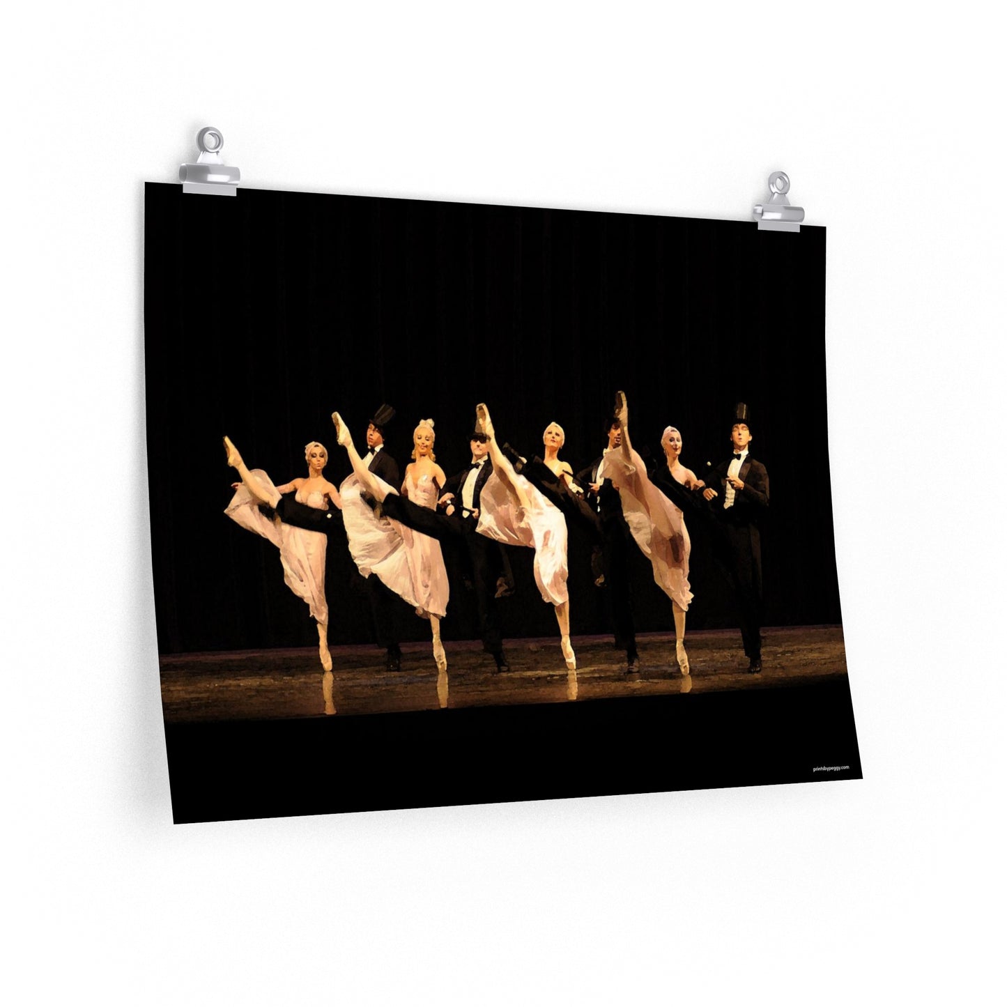 3 female dancers and 3 male dancers in a black and white theme kick line.