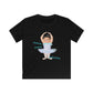The front view of a Black tee shirt with a charachature of a little ballerina pictured with Future Prima Ballerina written in Blue